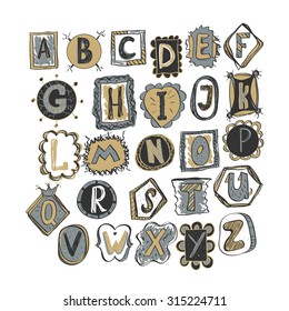 colorful hand drawn doodle alphabet. childish style vector illustration
