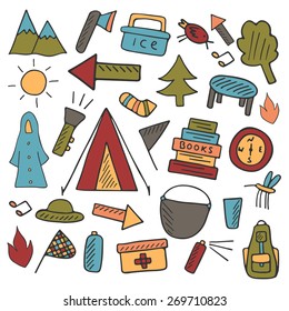 Colorful hand drawn doodle camping objects for your design
