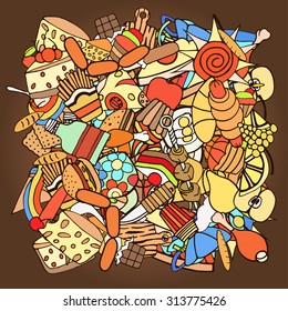 Colorful hand drawn Doodle cartoon set of food theme. Vector illustration image.