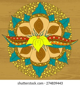 Colorful hand drawn doodle element for design. Narcissus flower with tribal leaves and decoration. Good for card, postcard, greeting, spa shop, wedding, baby shower. Floral vector illustration.