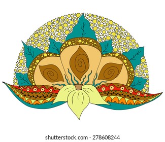 Colorful hand drawn doodle element for design. Narcissus flower with tribal leaves and decoration. Good for card, postcard, greeting, spa shop, wedding, baby shower. Floral vector illustration.