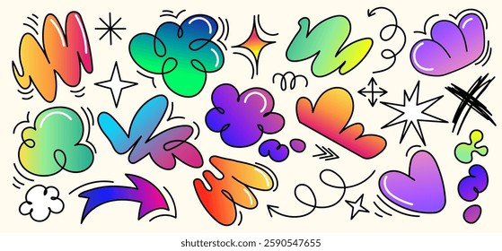 Colorful hand drawn doodle elements set with abstract shapes, hearts, arrows,scribbles in a playful graffiti style for graphic design, stickers, social media, branding,creative projects.Vector