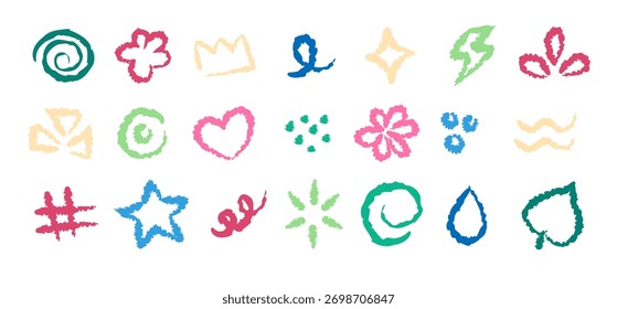 Bunt Handgezeichnete Doodle-Elemente. Satz von niedlichen Kunst Design-Elemente. Vektorgrafik auf weißem Hintergrund