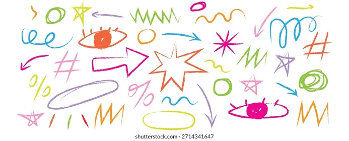 Coloridos Elementos de doodle dibujados a mano que incluyen flechas, estrellas, ojos y Formas abstractas. línea infantil doodle Formas. Ilustración vectorial.