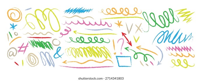 Coloridos Elementos de doodle dibujados a mano que incluyen flechas, remolinos, subrayados y garabatos abstractos. resaltando el símbolo de información clave. Ilustración vectorial.
