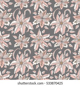 Colorful hand drawn doodle floral seamless pattern on gray.  Abstract tropical fantasy flowers, leaves, hawaiian pattern. Cartoon flora. Vector background.