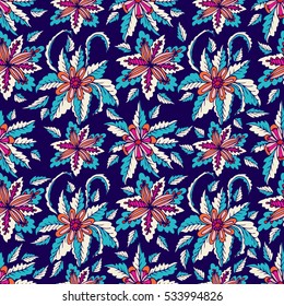 Colorful hand drawn doodle floral seamless pattern on navy blue.  Abstract tropical fantasy flowers, leaves, hawaiian pattern. Cartoon flora. Vector background.