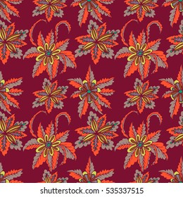 Colorful hand drawn doodle floral seamless pattern.  Abstract tropical fantasy flowers, leaves, hawaiian pattern. Cartoon flora. Vector background.