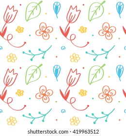 Colorful hand drawn, doodle flowers and leaves seamless pattern background.