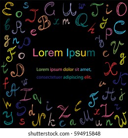 Colorful Hand Drawn Doodle Font on Black. Children Drawings of Scribble Alphabet Arranged in a Circle.  Vector Illustration.