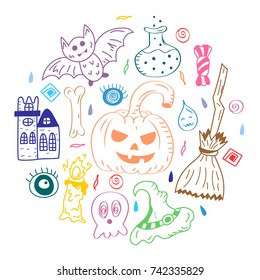 Colorful Hand Drawn Doodle Halloween Symbols Arranged in a Circle. Vector Illustration.