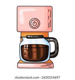 Ilustração de doodle desenhada à mão colorida de uma cafeteira gotejadora moderna com uma carafe de vidro cheia de café fermentado. Arte ideal para ilustrar a preparação de café doméstico, temas de café da manhã, cozinha e