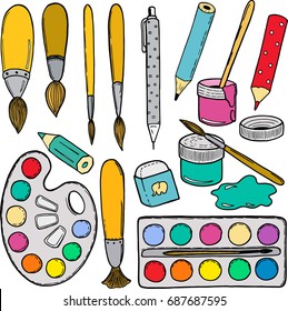 Colorful Hand Drawn Doodle Illustration Of Art School Supplies: Paintbrush, Paints, Pencils, Liner, Rubber, Vector Set For School Design, Sale Or Advertisement, Or Kids Book. Flat Lay Style, Top View.