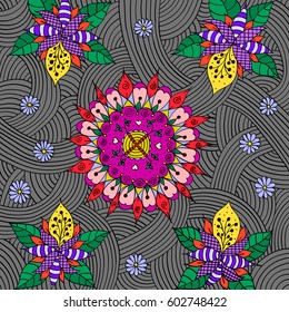 Colorful hand drawn doodle ornament with flowers. peonies with leaves on semicircle background for cover design