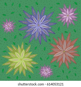 Colorful hand drawn doodle ornament of dahlia flowers. Different flowers with leaves on green background for your design