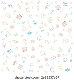 Colorful Hand Drawn Doodle Pattern – Cute Vector Icons of Hearts, Coffee, Trees, Stars, Clouds and More