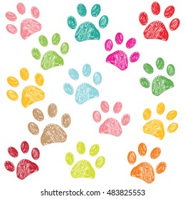 Colorful hand drawn doodle paw print vector illustration background