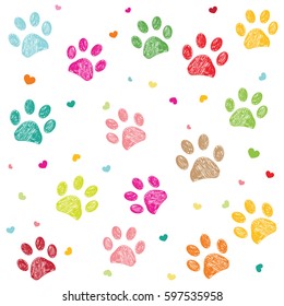 Colorful hand drawn doodle paw print with hearts vector background