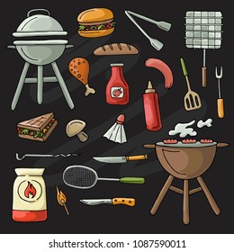Colorful  hand drawn doodle  set of picnic objects and symbols. Various meals, drinks, objects, sport activities Vector Illustration. Chalkdoard background.