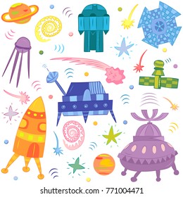 Colorful Hand Drawn Doodle Spaceships, Rockets, Falling Stars, Planets and Comets. Vector Illustration.