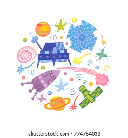 Colorful Hand Drawn Doodle Spaceships, Rockets, Falling Stars, Planets and Comets Arranged in a Circle. Vector Illustration.