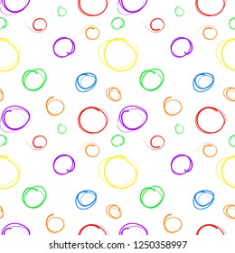 Colorful hand drawn dots on the white background. Vector seamless pattern with dots in rainbow colors. Perfect for wallpaper, wrapping paper or textile 