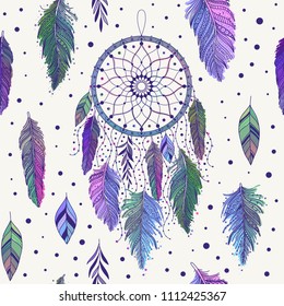 Colorful hand drawn dreamcatchers and feathers, and leaves, seamless pattern in boho ethnic style, vector background, can be used for fabric, wallpaper svg