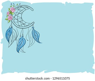 Colorful hand drawn dreamcatchers and roses with leaves, vector blue background, can be used for fabric