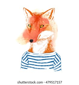 Colorful hand drawn dressed up fox in hipster style