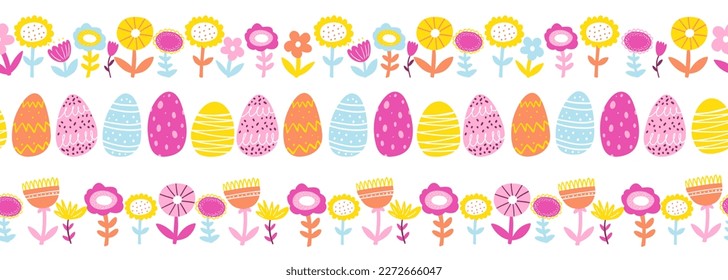 Colorful hand drawn Easter horizontal seamless border, pattern, cute doodle eggs and abstract plants for textiles, banners, wallpaper.