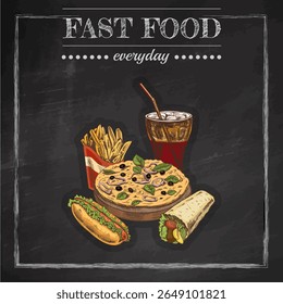 Colorful hand drawn fast food set with pizza, sandwich wrap, hot dog, fries and fizzy drink. Vintage vector sketch on chalkboard background. Ideal for cafe menu design and retro food branding.