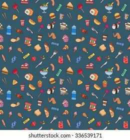 Colorful hand drawn fast food seamless pattern