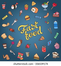 Colorful hand drawn fast food vector illustration. 