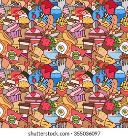 Colorful hand drawn fast food seamless pattern