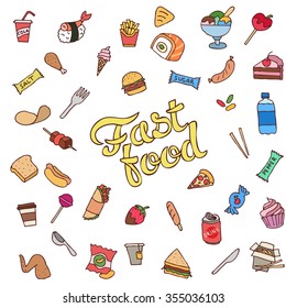 Colorful hand drawn fast food vector illustration. 