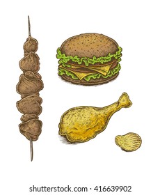 Colorful hand drawn fast food set: sandwich, kebab, fried chicken leg and chips. Vector illustration