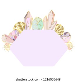 Colorful hand drawn figured frame for text, made of elements - crystals and gems - on white background, vector illustration for printing on cards, invitations, blanks.