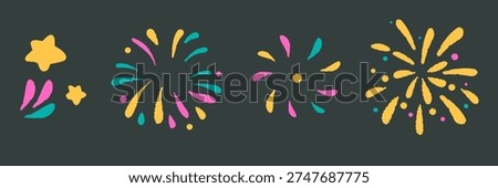 Colorful hand drawn fireworks set on dark background. Bright festive elements in crayon style for celebration, holiday, party design and greeting cards.