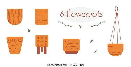 Colorful hand drawn flat flowerpots set isolated on white background