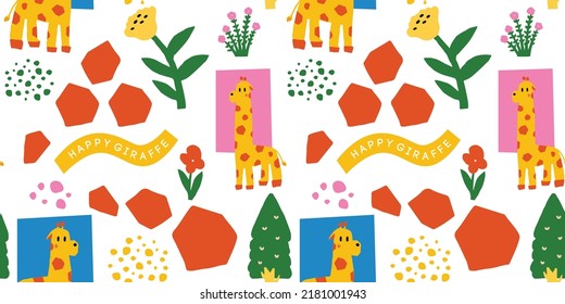 Colorful Hand Drawn Flat Giraffe seamless pattern for Kid, Various Shapes and Doodle Objects ,contemporary abstract, modern trendy vector illustrations.