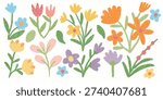 Colorful hand drawn floral collection with crayon and pastel texture. Chalk botanic bold floral elements. Grunge crayon textured branches, leaves, and wild flowers vector illustration