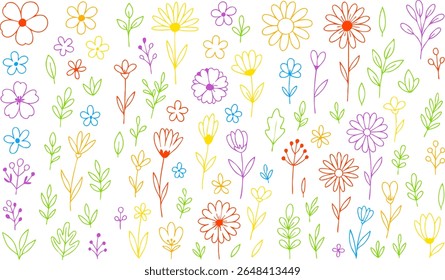 Colorful hand drawn floral doodles set with outline flowers and leaves on transparent background. Great for kids projects, digital scrapbooking, and spring illustrations. Vector EPS 10