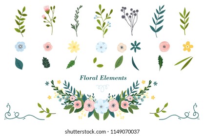 Coloridos elementos florales dibujados a mano. Ilustración vectorial.