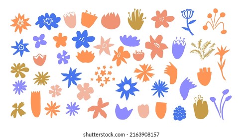 Colorful hand drawn floral elements with doodle flower pistils on white background, modern landscape creator