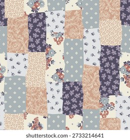 Colorful hand drawn floral patchwork pattern. Floral ornaments, stylized flowers, dots, plants and lace. Vintage boho style.