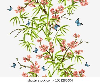 Colorful  hand drawn floral seamless pattern with bamboo, sakura, tropical  japanese flowers, butterflies. Vector vintage traditional folk fashion illustration ornament on white  background. 