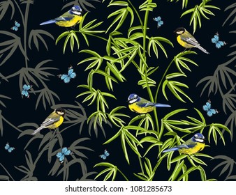 Colorful  hand drawn floral seamless pattern with bamboo, japanese birds, butterflies. Vector vintage traditional folk fashion illustration ornament on black  background. 