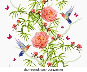 Colorful  hand drawn floral seamless pattern with bamboo, sakura, tropical flowers, japanese roses, peony flowers, hummingbirds, butterflies. Vector vintage traditional folk fashion illustration ornam