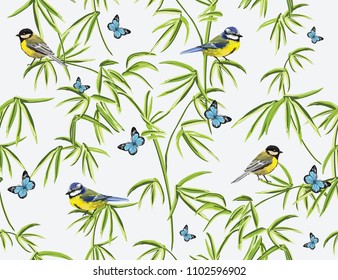 Colorful  hand drawn floral seamless pattern with bamboo, japanese birds, butterflies. Vector vintage traditional folk fashion illustration ornament on white background. 