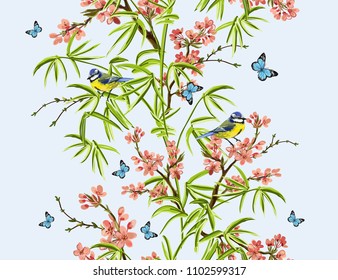 Colorful  hand drawn floral seamless pattern with bamboo, sakura, tropical flowers,  japanese birds, butterflies. Vector vintage traditional folk fashion illustration ornament on white  background. 